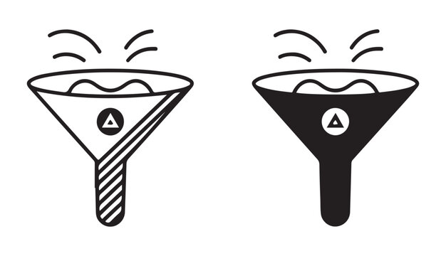 Funnel icons in black outline and solid styles for filtering processes in industrial applications.