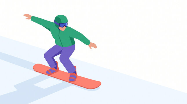 Cartoon character snowboarding on a slope in winter setting  