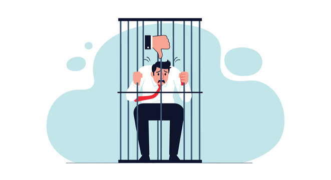 Sad businessman trapped behind prison bars looking worried while a big hand shows a thumbs down sign of disapproval.