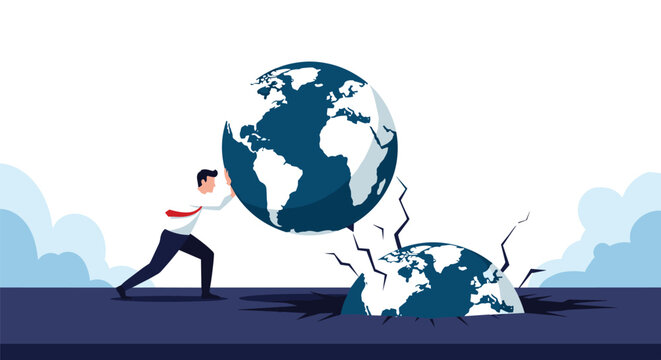 Businessman pushing the earth globe into a dark pit where another broken planet earth lies in pieces representing climate crisis.