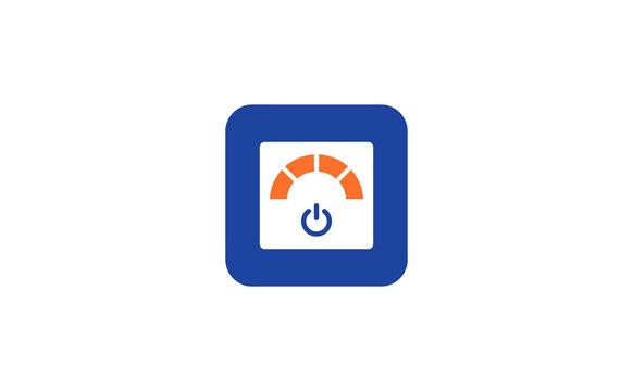 Modern blue tachometer icon with orange gauge and power symbol