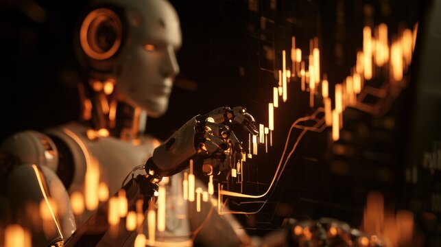 A futuristic robo-advisor concept shows a robot analyzing financial data and automatically rebalancing an amber portfolio in a dark setting.
