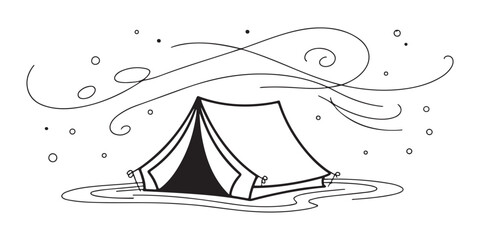 Camping tent icon with swirl wind elements and dots design for outdoor adventure travel art theme. © MD