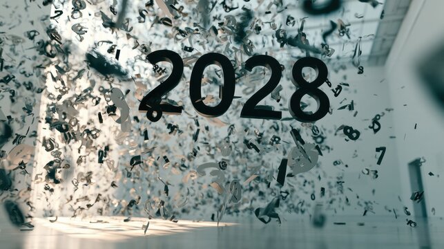 In a modern museum or gallery, floating numbers 2028 create an art installation in white space, surrounded by clean walls and careful lighting.