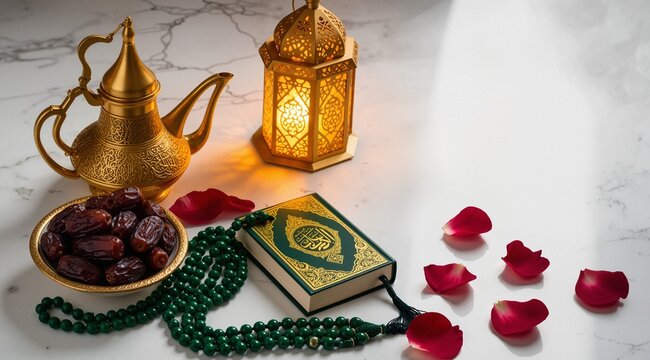 An elegant flat lay of Ramadan decorations on a marble surface, including a gold Arabic coffee pot, a bowl of fresh dates, a glowing lantern with intricate cutouts, prayer beads (misbaha) in deep gree