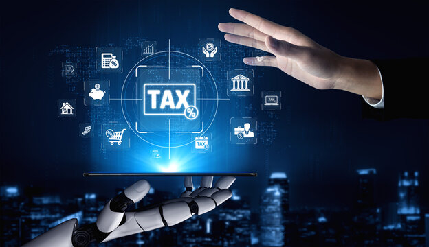 Futuristic Concept of Taxation and Automation with Robot Hand and Human Touch in Digital Environment Representing Financial Transactions and Technology Sigmoid