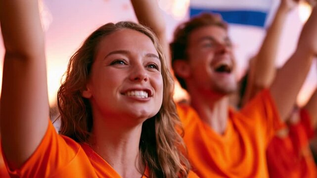 Passionate Dutch Woman Football Supporter Celebrating Victory in Orange Jersey