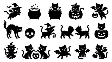 Obraz premium Cute Black Cat Halloween Icon Collection Silhouette Set