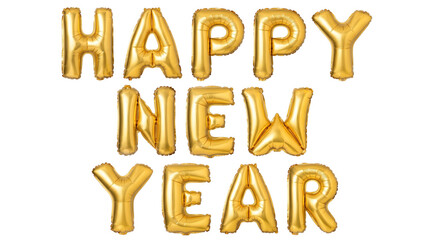 Golden happy new year balloon letters, ideal for festive banners, holiday cards, and celebration backdrops. © Png-Studio