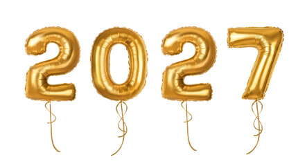 Floating gold foil balloons 2027 with hanging ribbons for New Year celebration. © Easy
