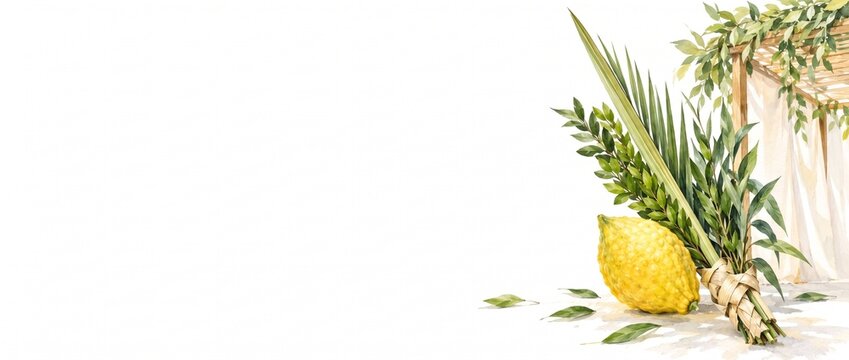 Sukkot Watercolor Painting Background with Etrog and Lulav, Jewish Holiday Greeting Card Mockup with Copy Space