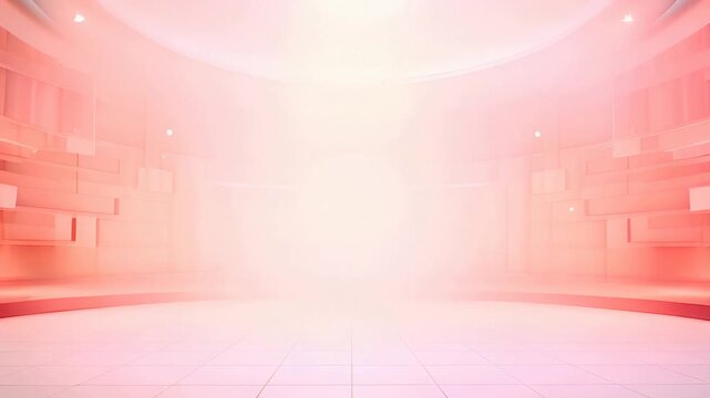 Bright soft pink futuristic studio room background with circular stage, modern architectural walls, bright central glare light, and tiled floor ideal for beauty product display, presentation, and wall