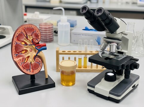 Human kidney anatomy model with microscope and urine sample in a medical laboratory for clinical diagnostic testing and scientific research