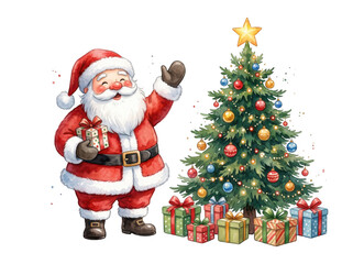 Fototapeta premium Watercolor santa claus with gifts and a christmas tree as isolated on transparent background