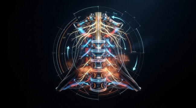 Cervical spine cross section with vertebrae, ligaments, nerve roots, stress lines, and degeneration
