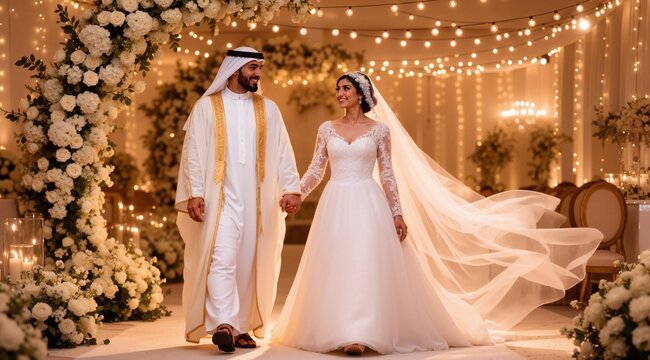 A romantic full-body portrait of a Saudi groom in a traditional white thobe and bisht with gold trim, gently holding the hand of his bride in an elegant white gown, both walking through a beautifully 