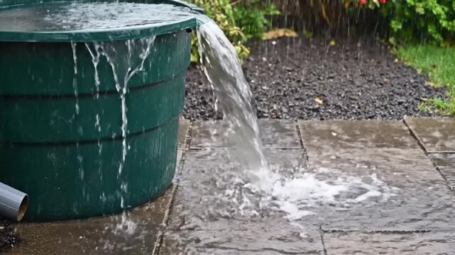 Rainwater gushing from an overflowing green barrel onto a wet patio during a heavy downpour, illustrating sustainable water collection methods for environmental conservation efforts