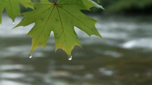 川辺の楓の葉先から滴る水 シームレスループ動画背景 16:9 4K