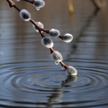 柳の枝先から水面に滴る水滴 シームレスループ動画背景 1:1 4K