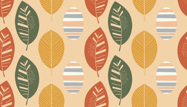 Stylized autumn seamless pattern with abstract leaves and striped oval shapes in a warm palette of green, rust, and mustard yellow colors.