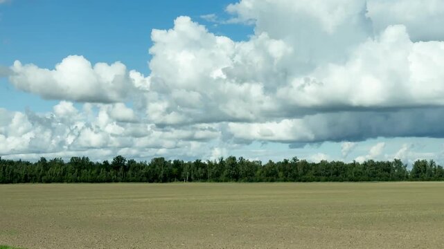 Right side view driving plate of empty agriculture field under dramatic clouds, scenic rural road trip video background. POV driving plate from right window passing by harvested farm field.