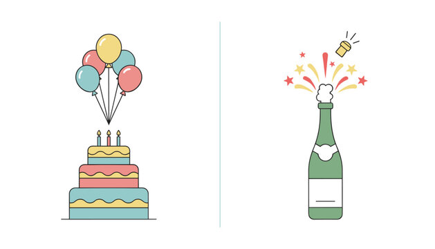 Festive celebration vector illustration featuring a colorful birthday cake with lit candles, balloons, and an exploding champagne bottle.