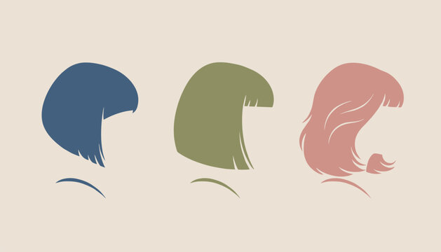 Retro stylish women hair silhouettes collection showing three distinct vintage bob haircuts and hair styling options in pastel colors.