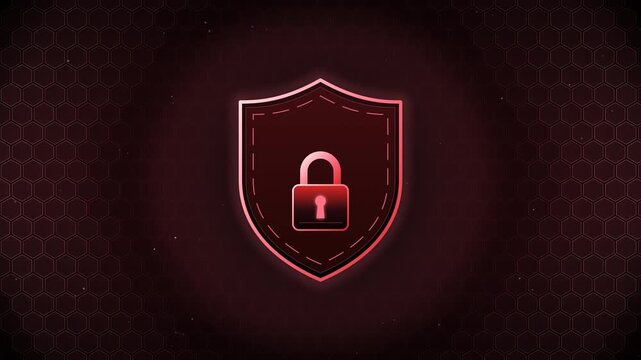 Luminous red cybersecurity shield lock glowing with protective emblem in dark futuristic space
