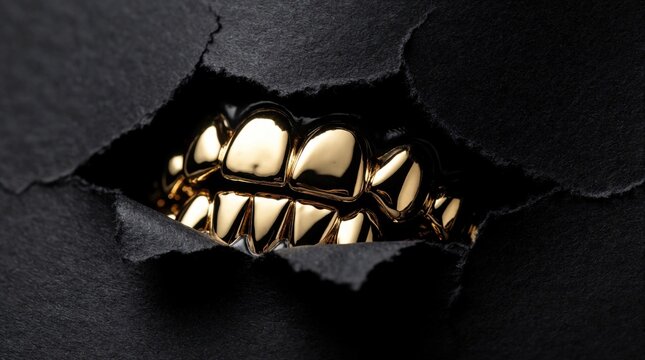 Gold dental grills peek through torn black paper revealing shiny teeth. Luxury bling adorns mouth, signifying wealth and urban style. Conceptual art.