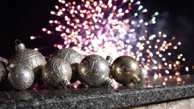 Festive christmas ornaments on a ledge with night fireworks
