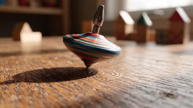 Colorful spinning top whirling on a textured wooden table, motion blur and sunlight highlighting vibrant stripes, evoking playful childhood nostalgia and simple, vintage fun