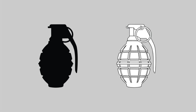 Set of military hand grenade icons shown in both solid black silhouette and detailed white outline styles against a grey background.