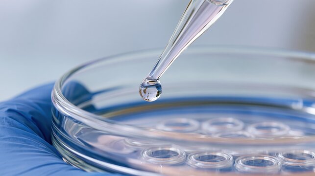 The Pipette Droplet Captured Over a Petri Dish in a Modern Laboratory