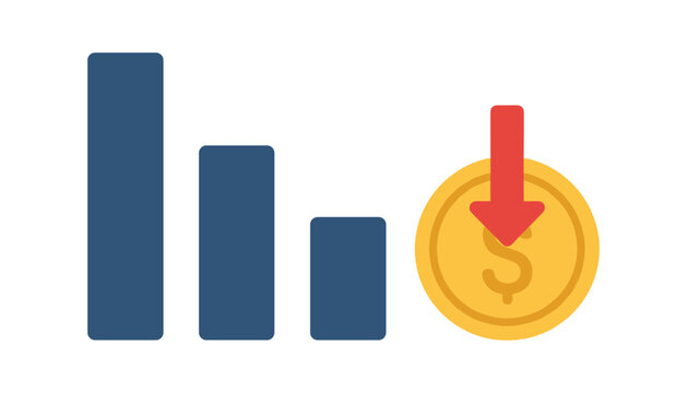 Financial concept illustration showing a downward trend bar chart next to a gold coin with a red arrow pointing down.