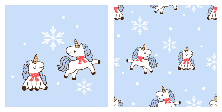 Cute seamless winter unicorn pattern featuring adorable white unicorns wearing red polka dot scarves, delicate white snowflakes and scattered snow dots on a soft pastel blue background.