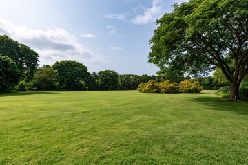 Fototapeta premium The Tranquil Park Lawn Under Clear Sky With Lush Greenery and Trees