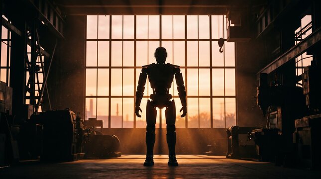 Humanoid Robot Factory Silhouette Standing Alone In An Empty Hall Backlit By A Low Orange Sun Through A Tall Industrial Window