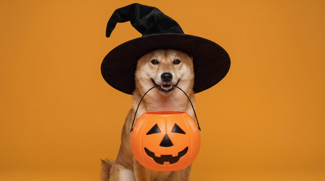 Shiba Inu dog wearing a black witch hat and holding a jack-o-lantern candy bucket on an orange background, adorable spooky Halloween pet portrait for trick or treat and autumn celebration