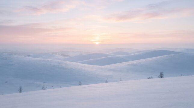 Winter landscape with snow covered hills at sunset with a pastel pink and orange sky