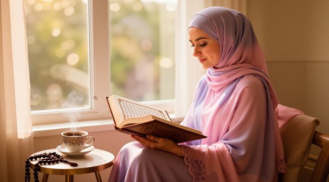 A serene image of a Muslim woman in a flowing pastel hijab sitting by a window, reading the Quran with soft natural light illuminating the pages, a cup of Arabic coffee on a small side table, prayer b