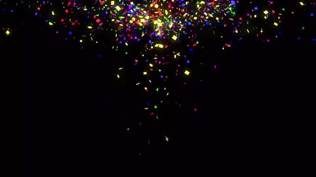 Super slow motion of flying coloured confetti isolated on black background. Confetti Party Popper Explosion Animation, Perfect For Compositing Into Your cgi Scene. 4K Slow motion