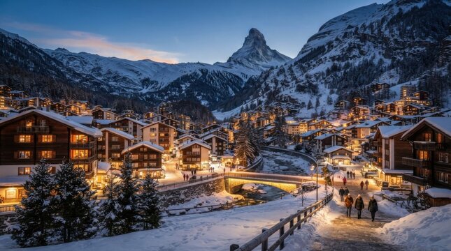 Zermatt Switzerland at dusk with Matterhorn mountain view and illuminated village buildings