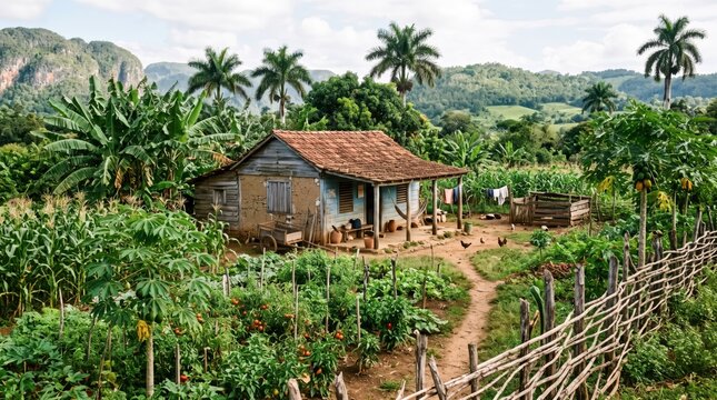 Picturesque rustic homestead with colorful blue walls and flourishing vegetable crops in the tranquil tropical cuban countryside
