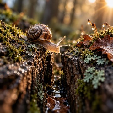 Macro view of a snail crawling over wet mossy bark in a forest floor scene with warm sunlight