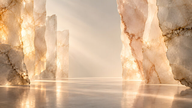 Ethereal quartz crystal pillars in soft golden light, glowing marble stone monoliths, luxury mineral rock background for product display