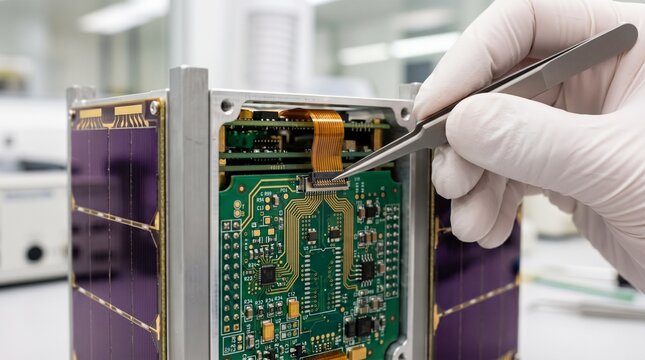 Aerospace engineer using precision tweezers to connect flexible ribbon cable to cubesat printed circuit board in cleanroom