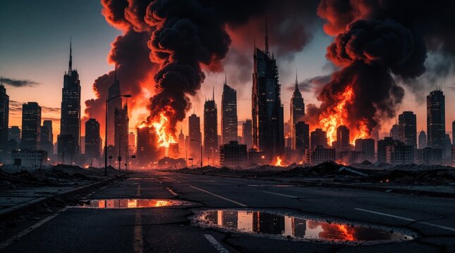 City skyline engulfed in flames and thick smoke during twilight hours. Burning buildings and destroyed streets create an apocalyptic scene with dramatic orange and dark red hues.