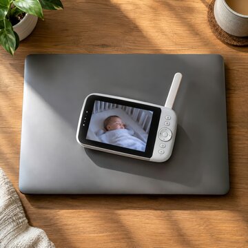 Closed laptop with baby monitor on top during nap time in soft afternoon light