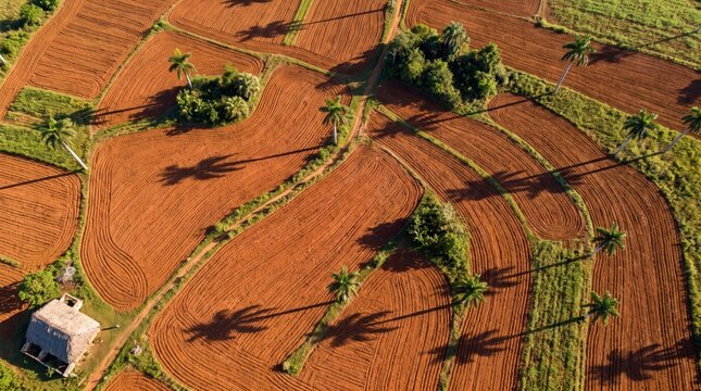 Stunning aerial perspective of the cuban countryside showing vibrant red clay soil plowed furrows royal palm trees and a rustic thatched hut at sunrise