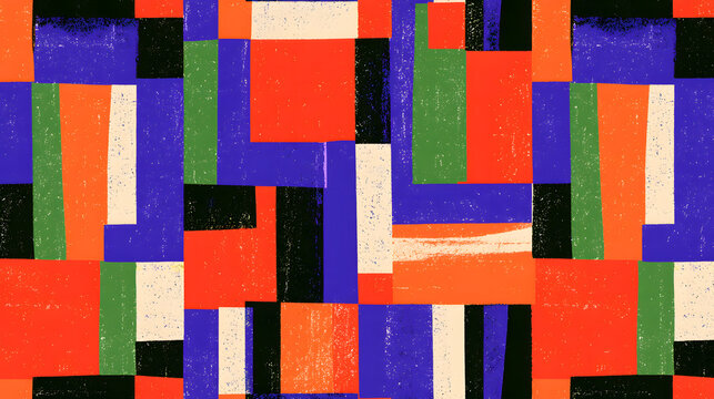Seamless abstract geometric block print, irregular overlapping rectangles and squares, bold solid color blocks in red, orange, green, royal blue, deep purple and black, modern cubism art style